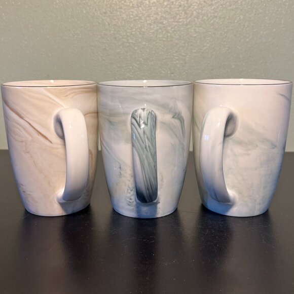 Trio of HOOMEET Marbleized Swirl Pattern Porcelain Mugs ~ Gray, Green & Brown - Picture 2 of 9